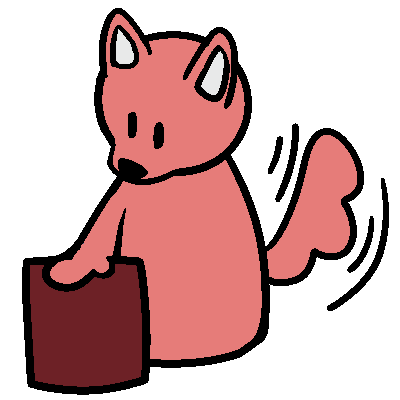  A pale red figure with a wagging tail and dog ears, with a hand on a red square.